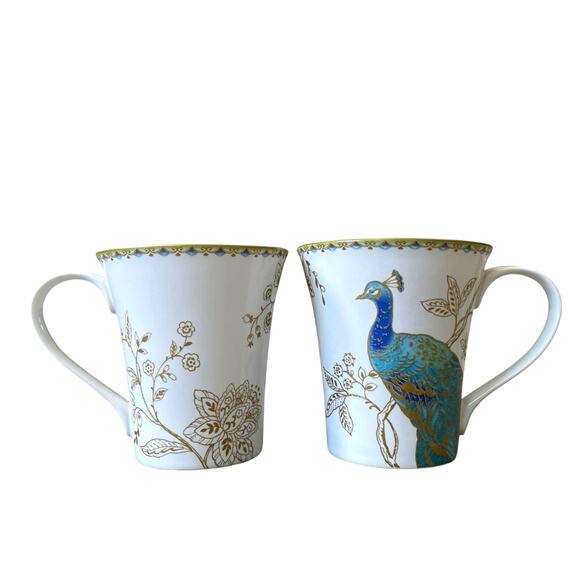 222 Fifth Peacock Garden Porcelain Mug Set of 4 Teal Gold Floral Scroll NEW - Picture 4 of 16